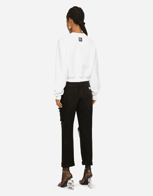 CROPPED JERSEY SWEATSHIRT WITH LOGO EMBROIDERY ON NECK