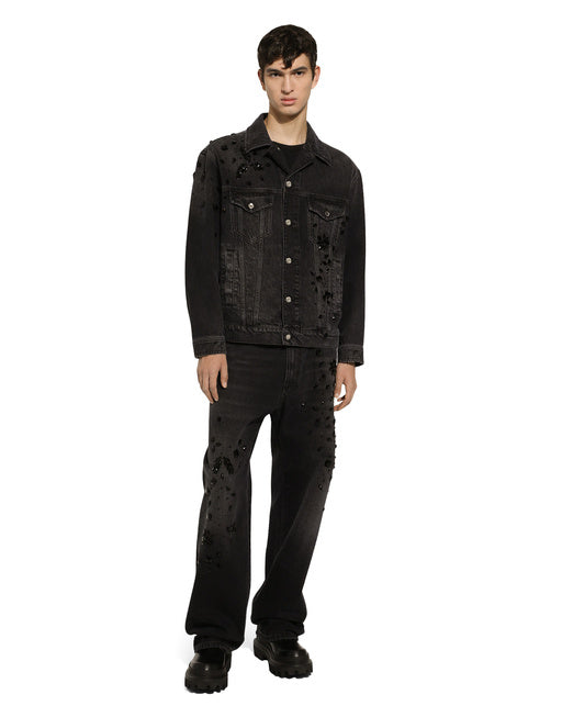 OVERSIZE WASHED JEANS WITH RHINESTONE EMBELLISHMENT