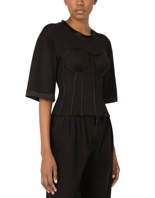 JERSEY T-SHIRT WITH SATIN BUSTIER DETAILS