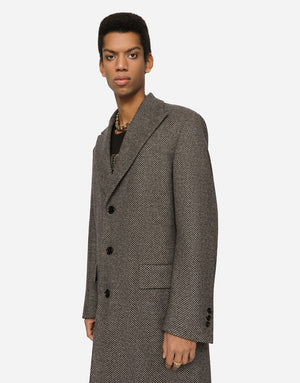 SINGLE-BREASTED HERRINGBONE WOOL JERSEY COAT