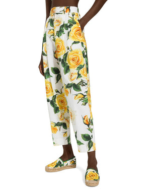 HIGH-WAISTED COTTON PANTS WITH YELLOW ROSE PRINT