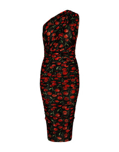 ONE-SHOULDER TULLE MIDI DRESS WITH CHERRY PRINT AND DRAPING