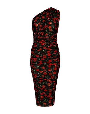 ONE-SHOULDER TULLE MIDI DRESS WITH CHERRY PRINT AND DRAPING