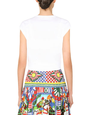 JERSEY T-SHIRT WITH TIE HEM AND RAFFIA EMBROIDERY