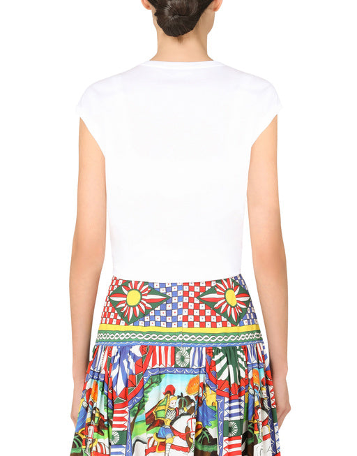 JERSEY T-SHIRT WITH TIE HEM AND RAFFIA EMBROIDERY