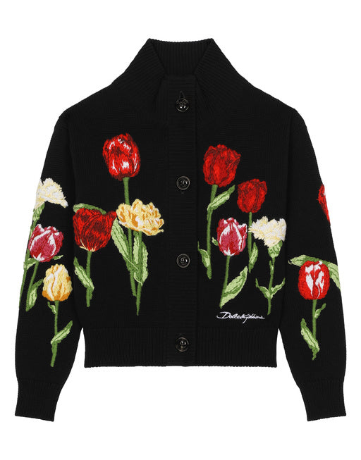 KNIT CARDIGAN WITH TULIP DETAILS AND DOLCE&GABBANA LOGO