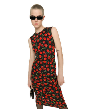 CHERRY-PRINT CHARMEUSE MIDI DRESS