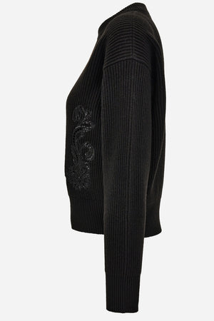Knit Sweater In Barocco Leaf Embroidery + Sequins Leaf Rws Wool