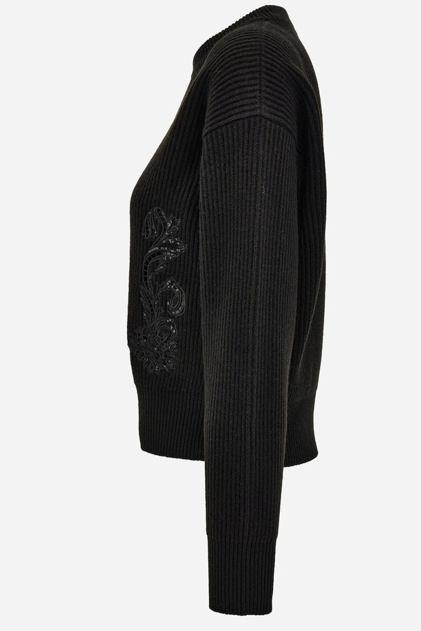 Knit Sweater In Barocco Leaf Embroidery + Sequins Leaf Rws Wool