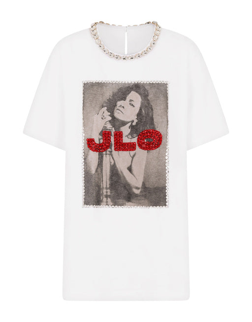 PRINTED JERSEY T-SHIRT WITH J.LO EMBELLISHMENT
