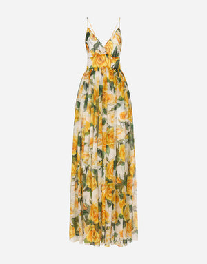 LONG SILK CHIFFON DRESS WITH YELLOW ROSE PRINT