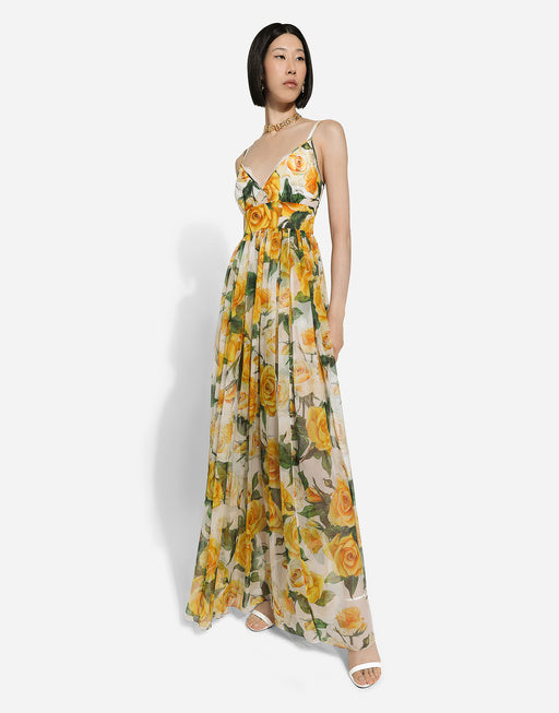 LONG SILK CHIFFON DRESS WITH YELLOW ROSE PRINT