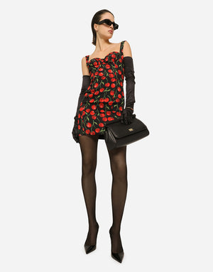 SHORT CHERRY-PRINT CHARMEUSE DRESS