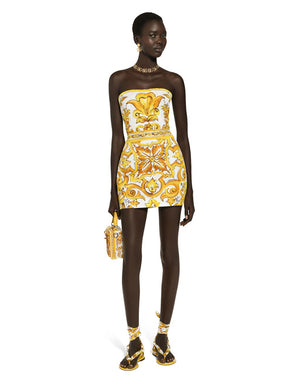 SHORT DRESS WITH CORSET BODICE IN MAJOLICA-PRINT BROCADE
