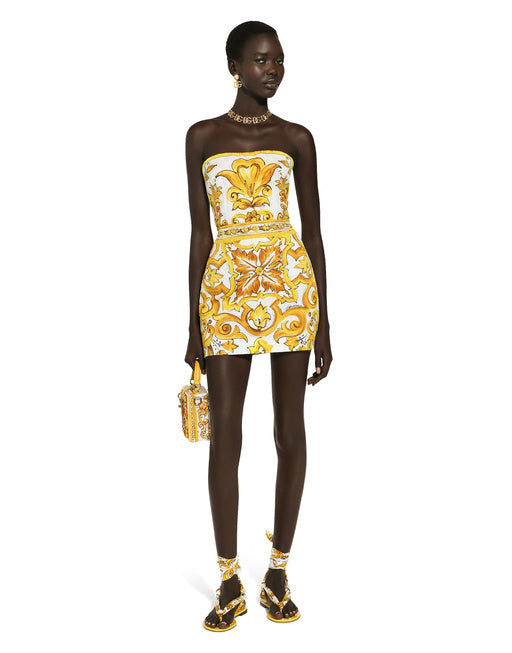 SHORT DRESS WITH CORSET BODICE IN MAJOLICA-PRINT BROCADE