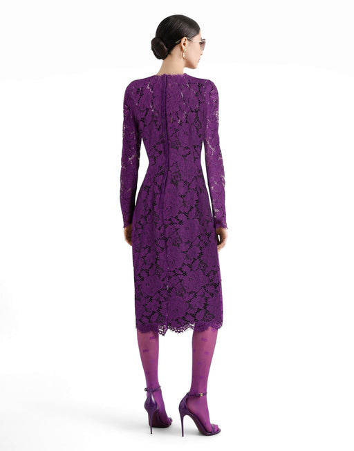 LONG-SLEEVED CALF-LENGTH DRESS IN BRANDED STRETCH LACE