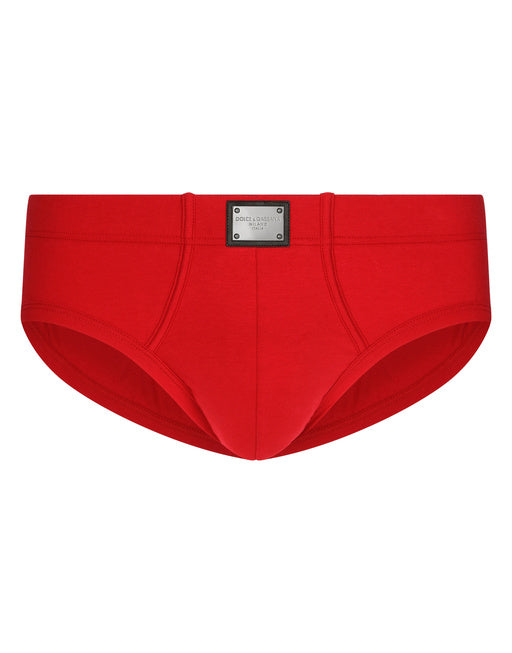 TWO-WAY-STRETCH COTTON MID-RISE BRIEFS WITH LOGO TAG