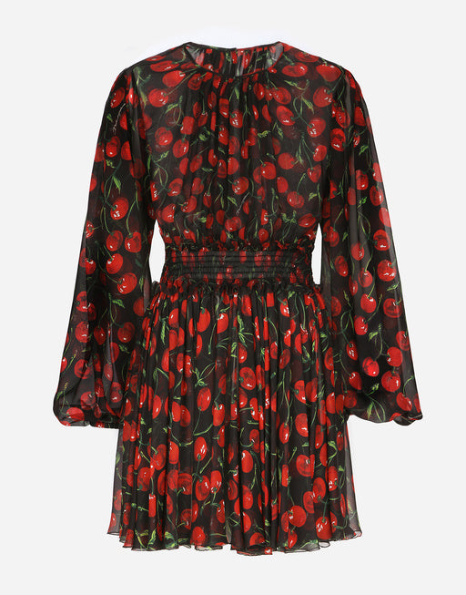 SHORT CHERRY-PRINT CHIFFON DRESS