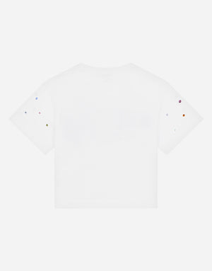 JERSEY T-SHIRT WITH MULTI-COLORED FUSIBLE RHINESTONES