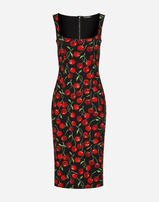 CHERRY-PRINT JERSEY MIDI DRESS