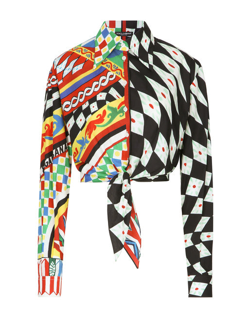 SHORT CARRETTO-PRINT POPLIN SHIRT WITH KNOT DETAIL
