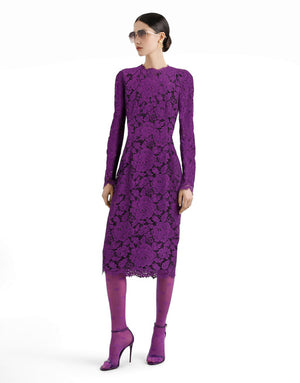 LONG-SLEEVED CALF-LENGTH DRESS IN BRANDED STRETCH LACE