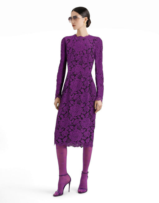 LONG-SLEEVED CALF-LENGTH DRESS IN BRANDED STRETCH LACE