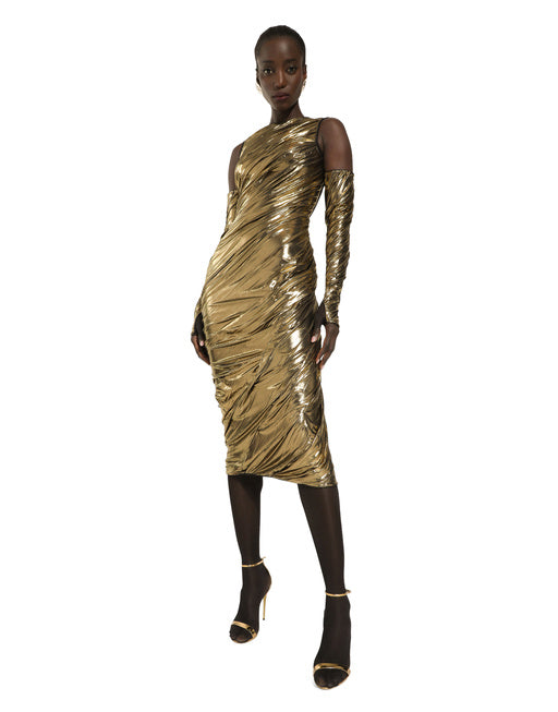 FOILED ORGANZINE CALF-LENGTH DRESS WITH GLOVES