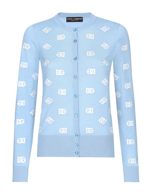 WOOL AND SILK CARDIGAN WITH ALL-OVER DG LOGO INTARSIA