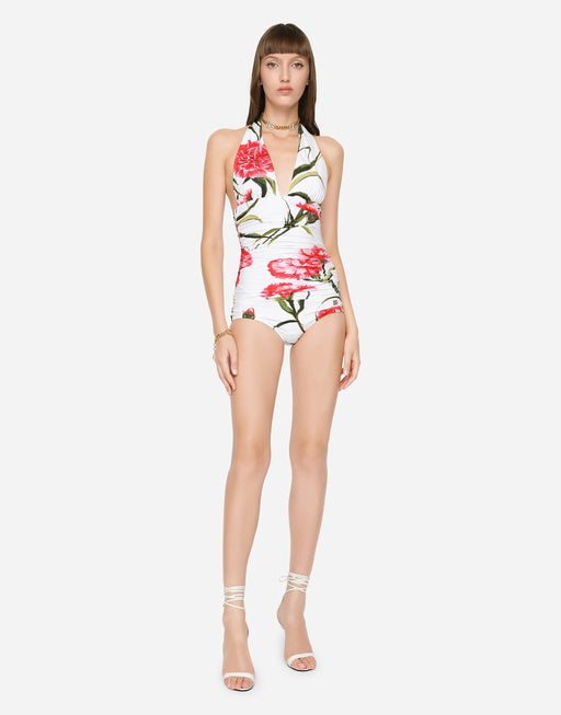 CARNATION-PRINT ONE-PIECE SWIMSUIT WITH PLUNGING NECKLINE