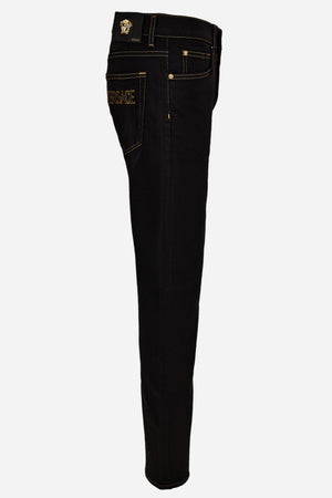 Pant Denim In Black Stretch Denim Fabric-Soft Wash-Versace Embroidery