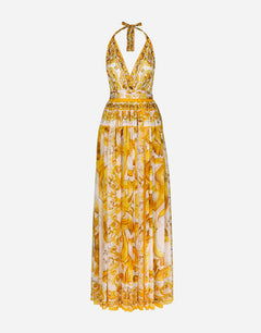 SLEEVELESS LONG DRESS IN MAIOLICA PRINT CHIFFON