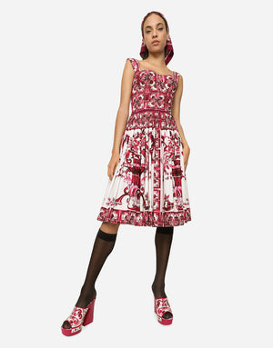 MIDI CORSET DRESS IN COTTON POPLIN WITH MAJOLICA PRINT