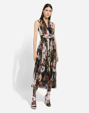 CHIFFON CALF-LENGTH DRESS WITH ROSE GARDEN PRINT