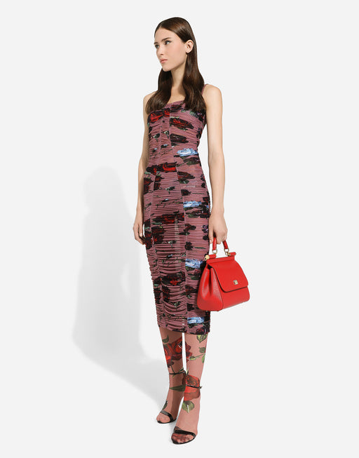 TULLE SLIP DRESS WITH DRAPING AND VINTAGE ROSE PRINT