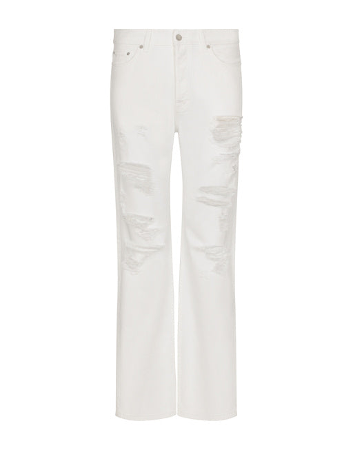 JEANS WITH RIPS, ABRASIONS AND DGVIB3 PATCH