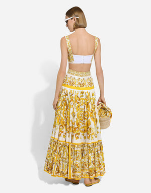 LONG MAJOLICA-PRINT POPLIN SKIRT WITH RUFFLES