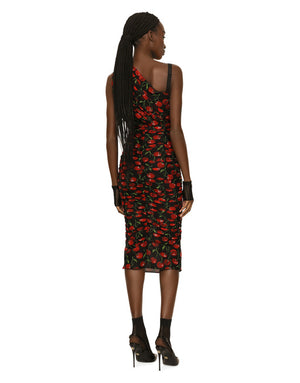 ONE-SHOULDER TULLE MIDI DRESS WITH CHERRY PRINT AND DRAPING