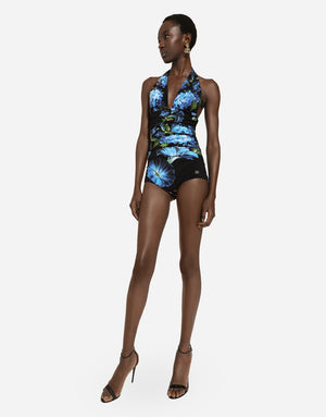 ONE-PIECE SWIMSUIT WITH PLUNGING NECKLINE AND BLUEBELL PRINT