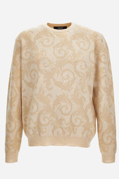 Knit Sweater In Barocco Leafy Jacquard Wool Blend