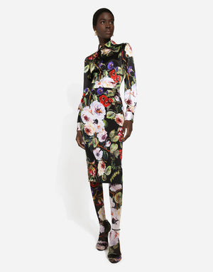 CHARMEUSE CALF-LENGTH SKIRT WITH ROSE GARDEN PRINT