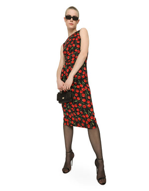 CHERRY-PRINT CHARMEUSE MIDI DRESS