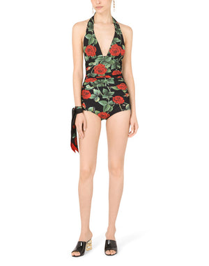 ROSE-PRINT ONE-PIECE SWIMSUIT WITH PLUNGING NECKLINE