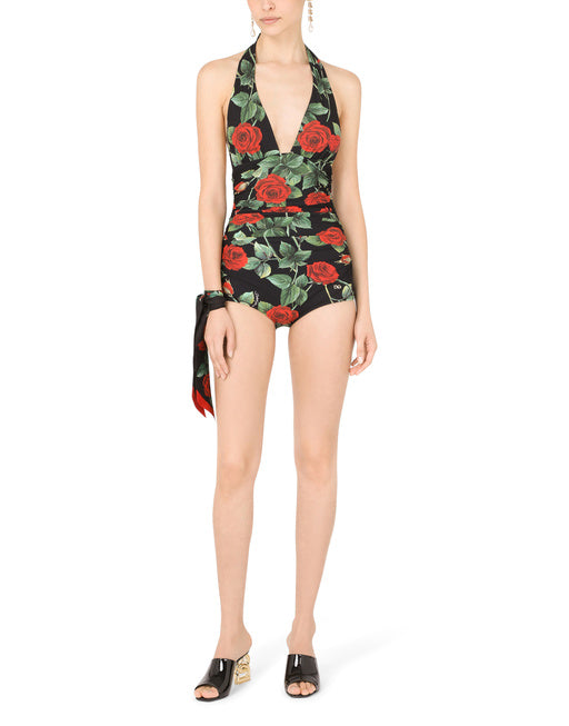 ROSE-PRINT ONE-PIECE SWIMSUIT WITH PLUNGING NECKLINE