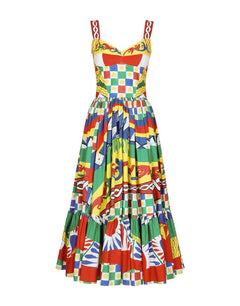 CALF-LENGTH BUSTIER DRESS IN CARRETTO-PRINT POPLIN