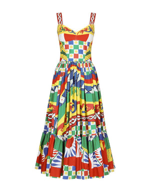 CALF-LENGTH BUSTIER DRESS IN CARRETTO-PRINT POPLIN