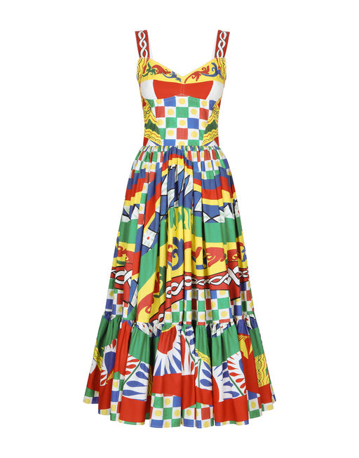 CALF-LENGTH BUSTIER DRESS IN CARRETTO-PRINT POPLIN