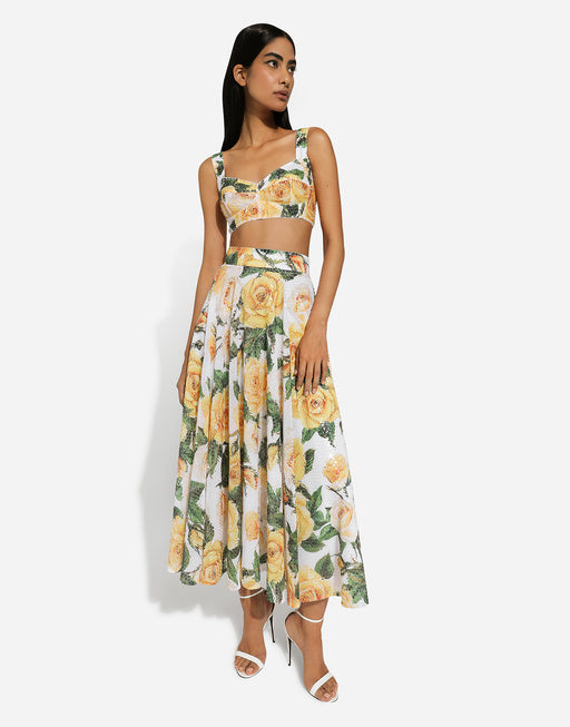 SEQUINED MIDI CIRCLE SKIRT WITH YELLOW ROSE PRINT