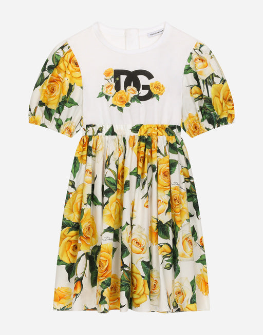 POPLIN AND JERSEY DRESS WITH YELLOW ROSE PRINT