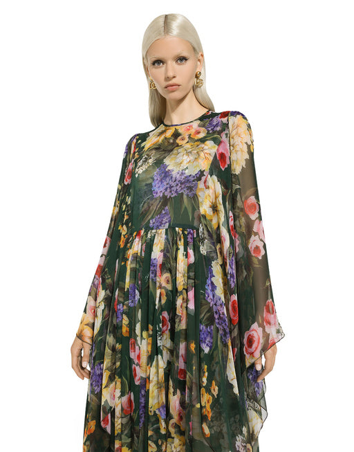 LONG GARDEN-PRINT CHIFFON DRESS
